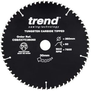 Trend Houten verstekzaagblad, 260mm diameter, 30mm boring, 60 tanden, TCT, 2,6 mm kerf, -5° haak, CSB/CCTC26060