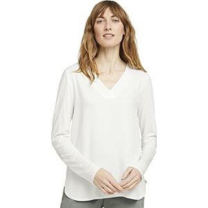 TOM TAILOR Dames Shirt met lange mouwen en V-hals in materiaalmix 1025279, 10315 - Whisper White, 3XL