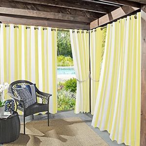 Sun Zero Valencia 2-Pack Cabana Stripe Indoor/Outdoor UV Protectant Energy Efficient Grommet Curtain Panel Pair, Yellow, 54"" x 108
