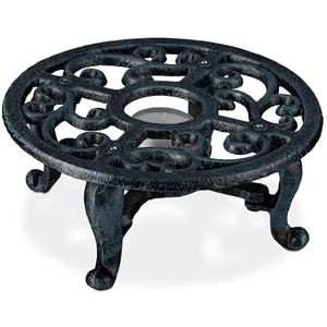 Relaxdays theepot warmhouder, voor thee- en koffiepotten, gietijzer, voor een theelichtje, antiek design, rechaud, grijs