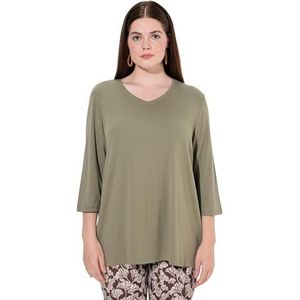 Ulla Popken Dames grote maten plus size shirt, ribjersey, V-hals, 3/4-mouw, biologisch katoen, steen, grijs, 42-44