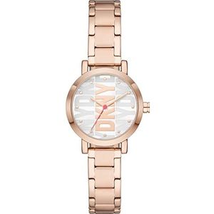 DKNY Soho Horloge voor dames, Quartz uurwerk met horlogeband van roestvrij staal, leer of silicone, Roze goudtint en grijs, 28MM