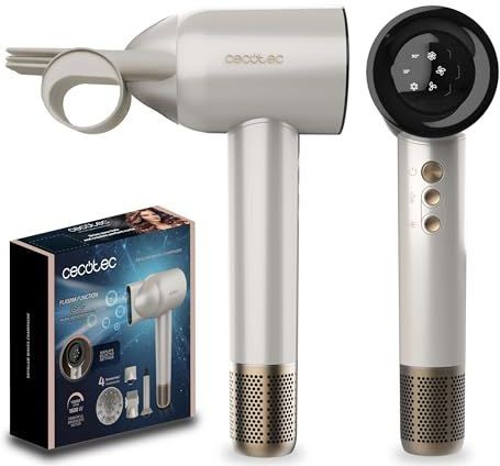 Cecotec Droogdroger, borstelloze motor en plasma-technologie, DryGlam Waves, champagne, 1600 W, 110.000 tpm, 4-in-1 kop, coanda-effect, digitaal display, intelligente warmteregulering, geheugenfunctie