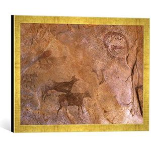 Ingelijste foto van Tassili N'Ajer ""runderfornuizen + huis/Tassili-schilderij"", kunstdruk in hoogwaardige handgemaakte fotolijst, 60x40 cm, goud raya