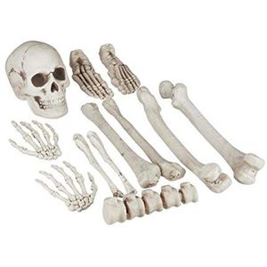 Relaxdays skelet botten, 12-delige set, Halloween decoratie, met schedel & handen, voor binnen & buiten, XXL horror deco