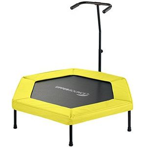 Upper Bounce Zeshoekige fitness-mini-trampoline met verstelbare leuning en bungee-snoer-absorptie.