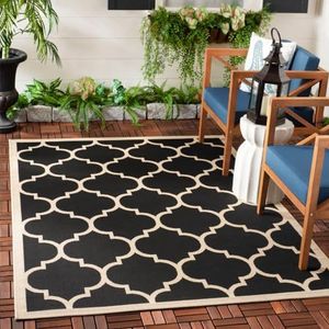 SAFAVIEH Geometrisch tapijt voor woonkamer, eetkamer, slaapkamer - Courtyard Collection, korte pool, zwart en beige, 160 x 231 cm