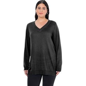 Ulla Popken Dames, V-hals, lange mouwen, zachte fijn gebreide trui, zwart, 58-60