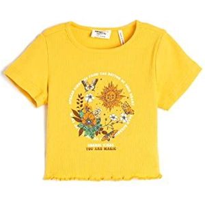 Koton Girls's Crop T-shirt met korte mouwen, bedrukt met ronde hals, geel (161), 4-5 Jaar