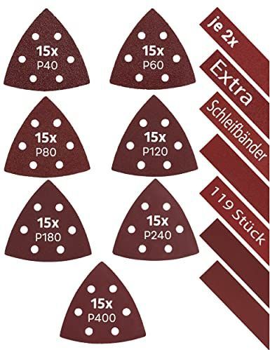 KSP-Tec │105 stuks delta-schuurdriehoeken + 14 schuurstrips, 93 x 93 x 93 mm, deltaschuurpapier, driehoekige schuurmachine, klittenband, schuurpads, multischuurmachine (93 x 93 x 93 mm)