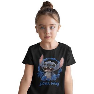 Disney Stitch ""Stitch Vibes"" T-shirt voor meisjes - Tropical Graphic Tee met blauw bloemenframe en Happy Alien Character - Playful Hawaiian Cartoon Style, Zwart, 8 Jaren