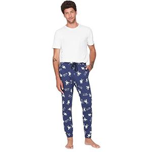 Trendyol Dames Man met slogan geweven pyjamabroek Set, Donkerblauw, M