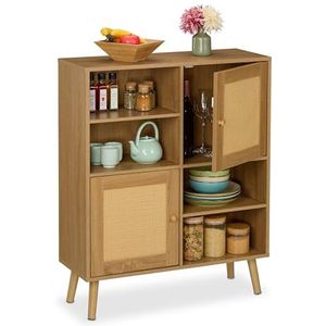 Relaxdays dressoir, 2 rotan deuren, 4 open vakken, 2 kastvakken, HxBxD: 97x80x25 cm, woonkamerkastje op pootjes, natuur