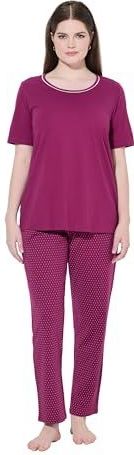 Ulla Popken - Damespyjama - Fuchsia Pink - Grote Maten - Plussize - Stippen - Ronde Hals - Halflange Mouwen