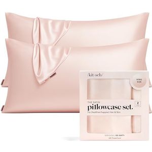 Kitsch 100% satijnen kussensloop met rits, zachter dan zijden kussensloop voor haar en huid, verkoelende kussensloop, satijnen kussensloop (King (2 stuks), Blush)