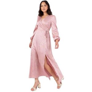Lovedrobe Dames Midaxi Jurk Dames Wrap V-hals Lange Bisschop Mouw Satijn Goud Fleck Side Tie Riem Split A-lijn Bruiloft Gast, Blush Roze 24, Blush Roze, 50