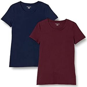 Amazon Essentials Women's T-shirt met korte mouwen en ronde hals in klassieke pasvorm, Pack of 2, Bordeauxrood/Marineblauw, XS