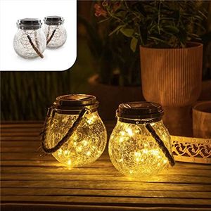 Gadgy Solar Hangende Lantaarn Glas | Set van 2 | Met Groot Zonnepaneel en 20 Fairy Lights | Buitenverlichting op Zonne-Energie | Metalen Deksel en Touw Handvat