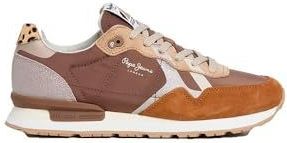 Pepe Jeans - PLS400005 Britt Glitter - Leren Sneakers - Bruin - Plat - Veters - Casual