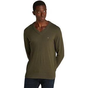 Tommy Hilfiger Heren PIMA ORG CTN kasjmier V-hals MW0MW28047, pullover trui, kaki, S, Khaki (Legergroen), S