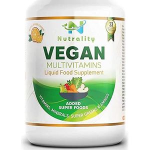 Nutrality Veganistisch vloeibaar multivitaminesupplement, 500 ml, geavanceerde vitamine Superfood Greens-mix met CoQ10, K2, B12 en ijzer, ondersteunt hersenen en cardiovasculaire gezondheid, mannen en vrouwen, 33 dagen levering
