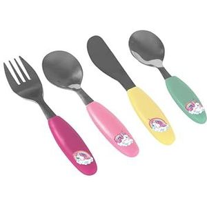 Eenhoorn bestekset voor meisjes, 4-delige kinderbestekset van roestvrij staal met kunststof handgrepen, met mes, vork, soeplepel en dessertlepel, kleurrijk