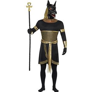 Halloween! Smiffys kostuum Anubis, de jakhals, zwart, met tuniek, kraag, armwarmers, armbanden en masker, zwart & goud