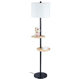 Relaxdays staande lamp met 2 tafeltjes, E27-fitting, HxBxD 159x45x38 cm, van hout & metaal, stoffen lampenkap, zwart/wit