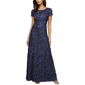 Alex Evenings Damesjurk met lange rozet voor moeder van de bruid met korte mouwen, bruiloftsgast (petite en normale maten), Donkerblauw, 6 Petite