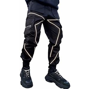 Cargobroek voor heren, hiphop, techwear, harembroek, joggingbroek, joggingbroek met zakken, joggen, punk, Zwart/Wit, XXL