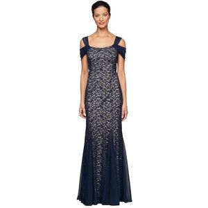 Alex Evenings Women's Long Cold Shoulder, Mother of The Bride Gown, Formal Event, Wedding Guest Dress, (Petite and Regular Sizes), Navy/Nude Lace, 6