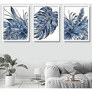 Artze Wall Art Botanical Monstera kunstdrukken 3-delige set, 40 cm breedte x 50 cm hoogte, marineblauw