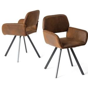 FurnitureR Set van 2 moderne stoelen met armleuningen, 360 graden draaibaar, radiale poten van metaal, rugleuning van bruin suède, retro design voor eetkamer, slaapkamer, 56 x 43 x 83 cm