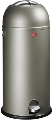 Wesco Kickmaster Maxi Afvalbak in de kleur nieuwzilver, gepoedercoat plaatstaal, ingebouwde demper, 40 liter volume, grote inworp