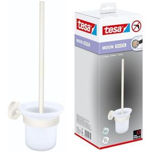 tesa® MOON WHITE Toilet-set met Houder en Wc-borstel, mat wit, satijn glas - voor Badkamers in Industriële en Moderne Stijl - Zonder Boren, Zelfklevend - 379 mm x 112 mm x 145 mm