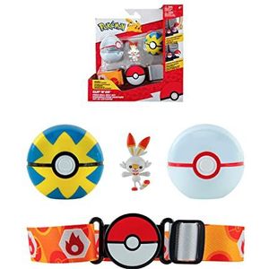 Pokémon Bandai Riem Clip 'N' Go – 1 riem, 1 Quick Ball, 1 Premier Ball en 1 figuur 5 cm Flambino (Scorbunny) – accessoires voor het verkleden als trainer JW2716