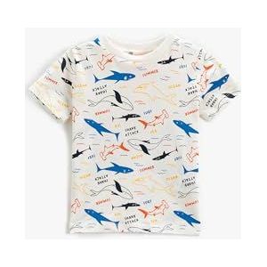 Koton Babyboy T-shirt met korte mouwen, ronde hals, haai en walvis bedrukt, Ecru Design (03e), 9-12 Maanden