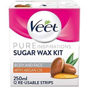 Veet Arganolie Hot Wax Kit 250 ml - Suikerontharing, warme gezichtsverwijderaar met strips, dermatologisch geteste oplossing voor gladde huid