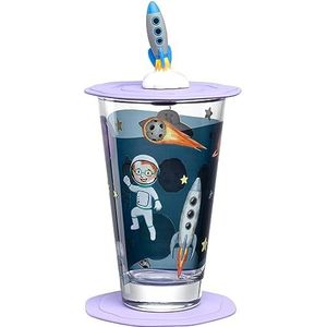 Leonardo Bambini Avventura kinderglas met deksel en onderzetter, drinkglas met motief van hoogwaardig glas, maat L, inhoud 300 ml, vaatwasmachinebestendig, 3-delige drinkset met motief heelal