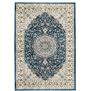 One Couture Oosterse franjes tapijt rand snurk ornament patroon blauw beige woonkamertapijt eetkamertapijt tapijtloper gang loper, grootte: 80cm x 150cm