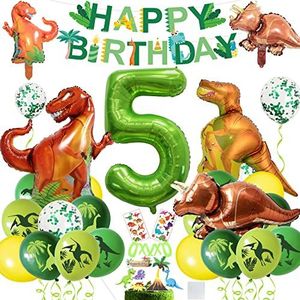 Boyatong XXL dino-verjaardagsdecoratie, 5 jaar, jongens, folieballon, ballon met cijfer 5, groene ballonnen voor dinosaurusfeest, decoratie, jungle-party voor kinderen