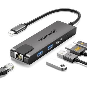 Lemorele USB C Hub –USB C Adapter 6 in 1 Aluminium behuizing met 1Gbps Ethernet, 4K HDMI, 100W PD, 2 USB-A, USB C Docking Station voor MacBook Air/Pro, iPad, Windows, Switch, Chromecast Business Black