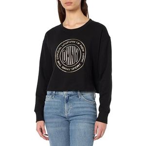 DKNY Dames Sport Dames Metallic Medallion Logo Cropped Pullover Sweater, zwart/goud., S