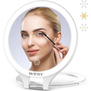 WEILY Make-upspiegel, 10 x / 1 x, reisspiegel met licht, dubbelzijdig, oplaadbaar, met 3 gekleurde lampjes voor make-up, pincet, mee-eters en verwijdering van mee-eters