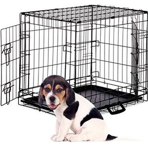 Relaxdays hondenbench, opvouwbaar, transportbox, grootte medium, welpenkooi, 2 deurtjes, met bodem, draadkooi, zwart