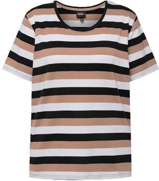 Ulla Popken - T-shirt - Zwart - Grote Maten - Col Rond - Gestreept
