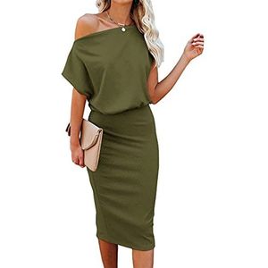 EZBELLE Dames Off The Shoulder Korte Mouw Geribbelde Casual Party Bodycon Midi-jurk, legergroen, L