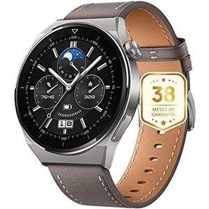 HUAWEI, Watch GT 3 Pro Smartwatch, 46 mm, titanium behuizing, saffierwijzerplaat, bewaking van zuurstofverzadiging en hartslag, lange batterijduur, grijze leren armband