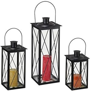 Relaxdays lantaarn set van 3, decoratieve kaarslantaarns, voor binnen en buiten, 3 groottes, glas & metaal, retro, zwart