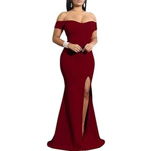 YMDUCH Women's Off Shoulder High Split Long Formal Party Dress Evening Gown WineRed